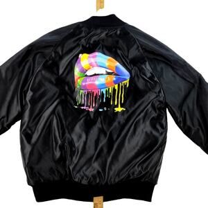 Y2K Retro Satin Jacket Youth Med Unisex Rainbow Lips Black Vintage Made in USA
